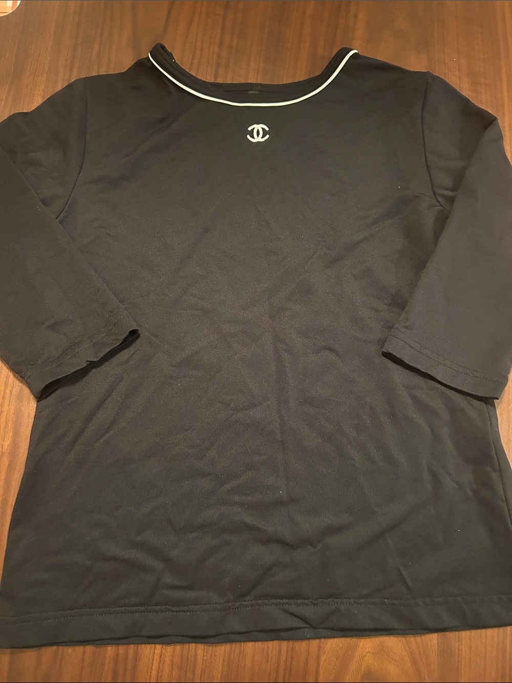 CHANEL Black Long-Sleeve Crewneck Shirt with White Trim